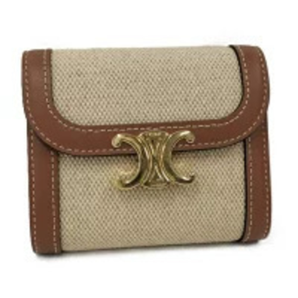 Celine Wallet Tri fold Triomphe Canvas Leather Beige Cream Brown
